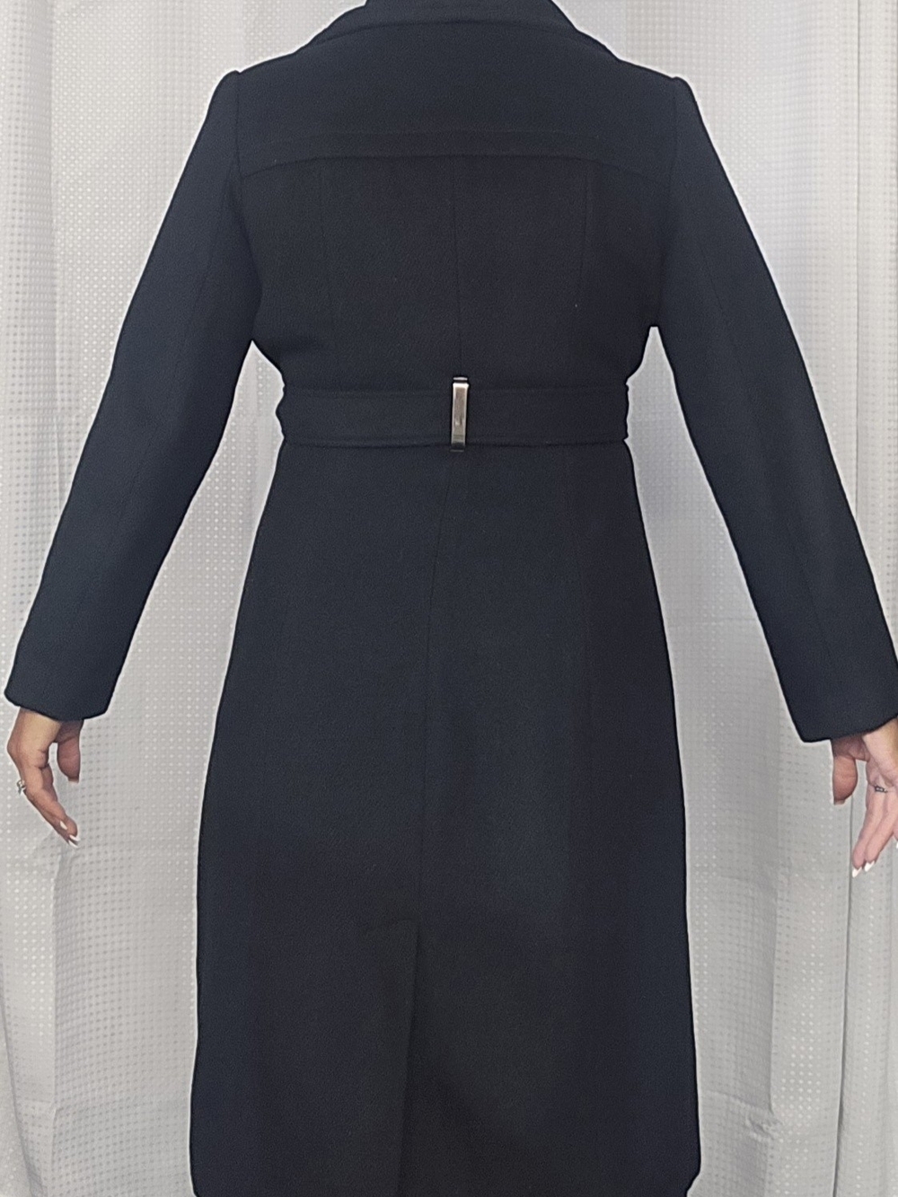 Jennifer Lopez Black Long Sleeve Wrap Belted Coat Dress - Picture 14 of 15
